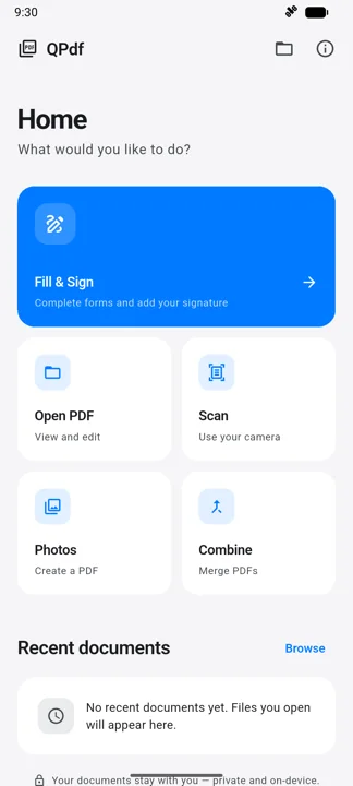 QPdf home screen with Fill & Sign highlighted and Open PDF, Scan, Photos and Combine tiles below.