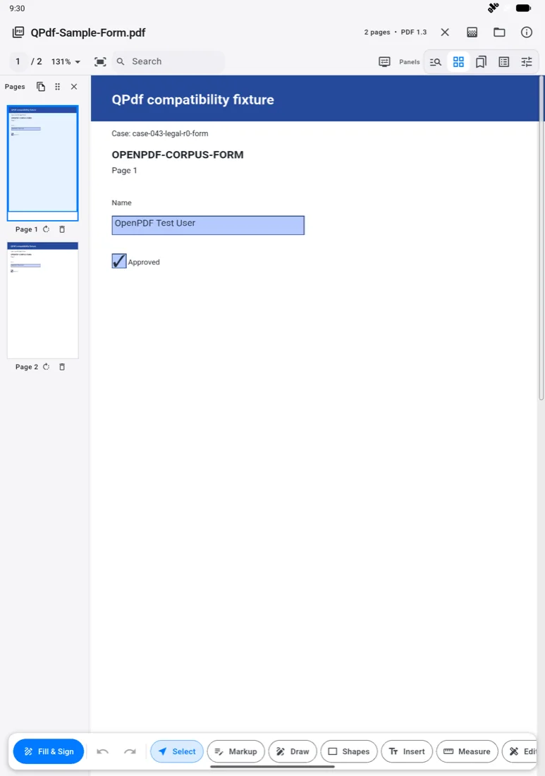 QPdf tablet editor with page thumbnails open.